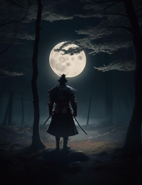 Un samurai solitario si trova nell'ombra di una foresta buia la sua silhouette illuminata