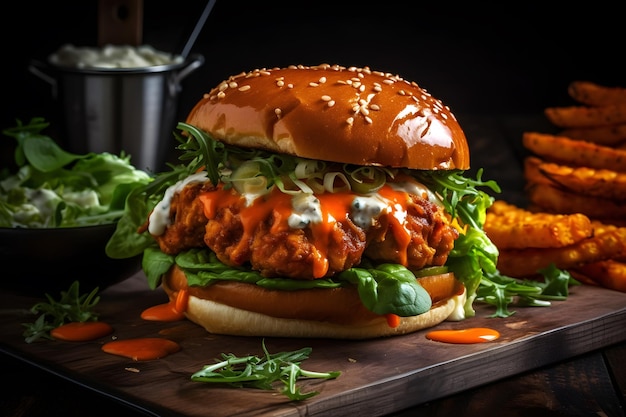 Un sandwich di maiale tirato con patatine fritte su una tavola di legno