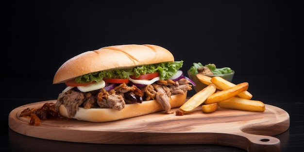 Un sandwich di maiale tirato con patatine fritte su una tavola di legno