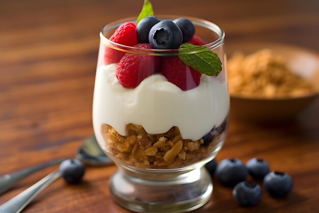 Un sano e delizioso yogurt parfait con granola e bacche.