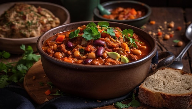 Un sano stufato vegetariano con fagioli, pomodoro e prezzemolo generato dall'IA