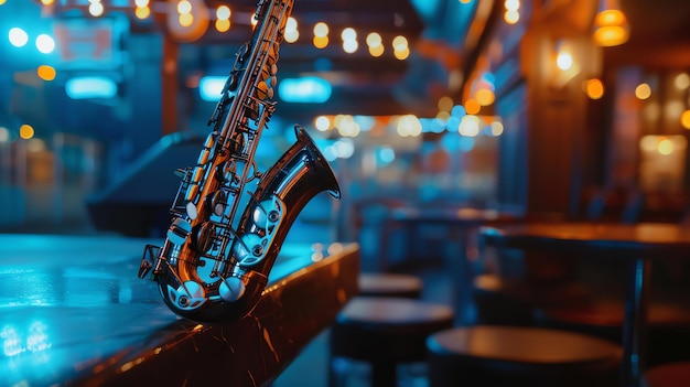 Un sassofono poggia su un bancone di un bar in un club jazz scarsamente illuminato