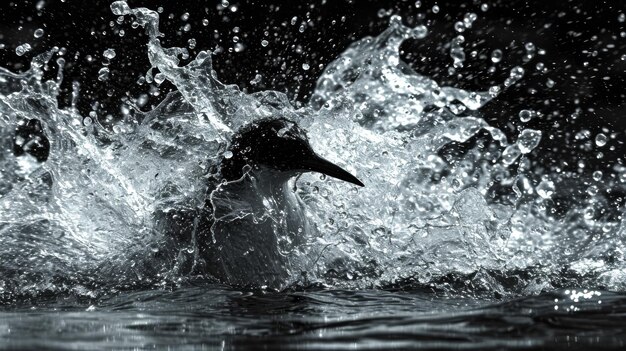 Un schizzo d'acqua crea un'esplosione dinamica da un uccello marino che si tuffa.