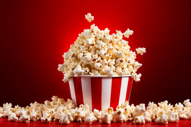 Un secchio a righe rosse e bianche è pieno di popcorn.