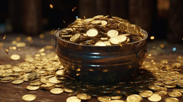 Un secchio di monete è pieno di monete d'oro