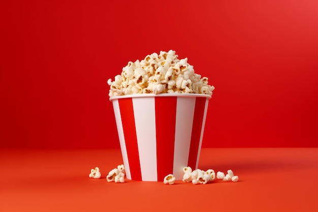 un secchio di popcorn a righe rosse e bianche su uno sfondo rosso.