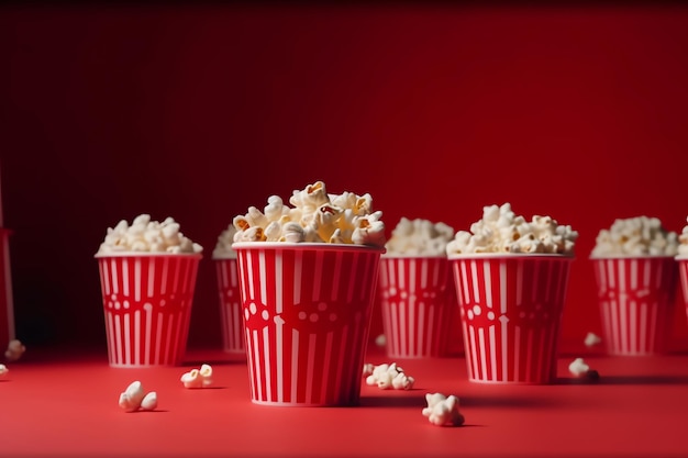 Un secchio di popcorn a strisce rosse e bianche è su un tavolo rosso.