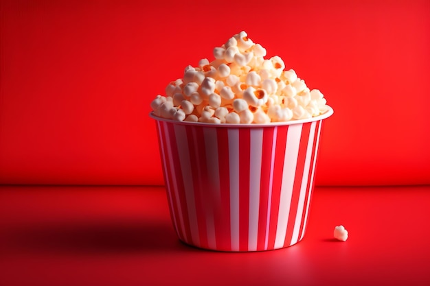 Un secchio di popcorn a strisce rosse e bianche si trova su un tavolo rosso.