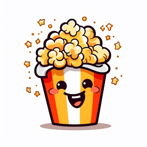 Un secchio di popcorn cartone animato con una faccia felice e stelle generative ai