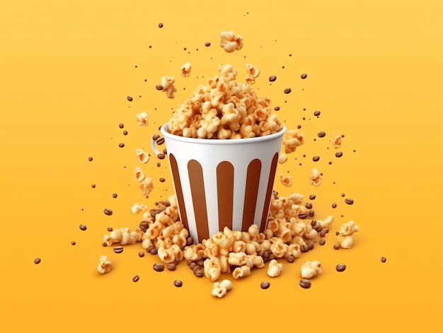 Un secchio di popcorn con dei chicchi di caffè che ne cadono