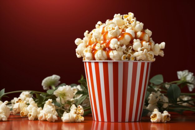 Un secchio di popcorn su sfondo rosso