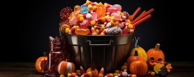 Un secchio pieno di gustosi dolci e caramelle pronti per l'intelligenza artificiale generativa di Halloween