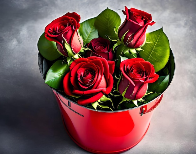 Un secchio rosso con sopra delle rose rosse