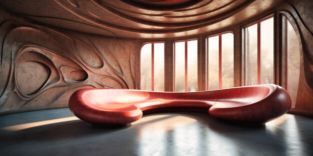 Un sedile curvo in legno in una stanza moderna vuota