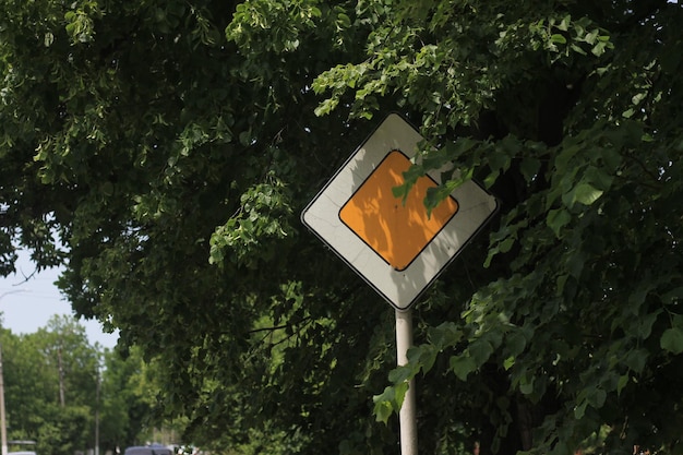 Un segno a forma di diamante giallo è mostrato tra gli alberi.