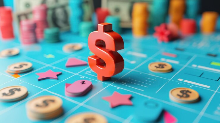 Un segno del dollaro su una tavola da gioco colorata con gettoni che rappresentano la strategia finanziaria e gli investimenti giocosi