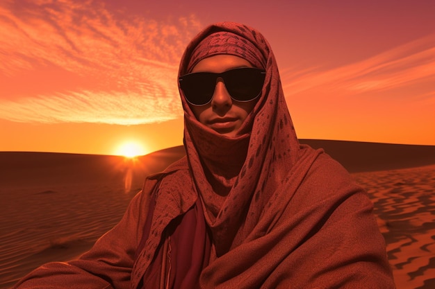 un selfie di un uomo con il tramonto nel deserto