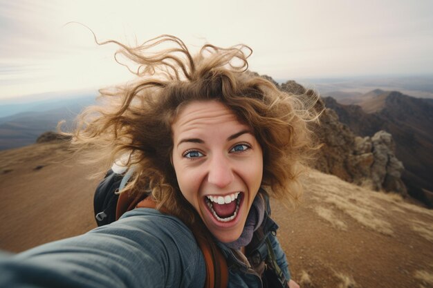 Un selfie di una viaggiatrice sulla scogliera che cerca la vista.