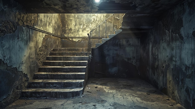 Un seminterrato sottoterra scarsamente illuminato con scale e porte in decomposizione.