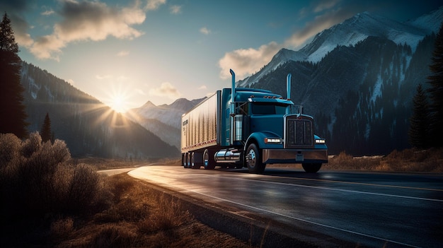 Un semirimorchio blu che percorre una strada con le montagne sullo sfondo al tramonto o all'alba con un sole splendente che splende sulla cabina del camion IA generativa