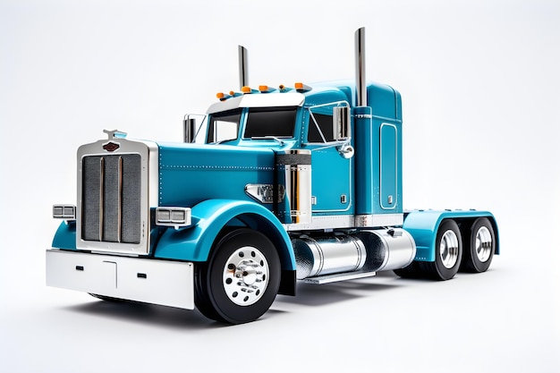 Un semirimorchio blu con uno sfondo bianco e la parola peterbilt sulla parte anteriore.