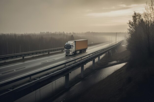 Un semirimorchio che percorre una lunga autostrada vuota al tramonto