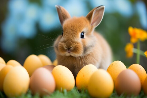 Un semplice coniglietto di Pasqua che gioca con le uova.