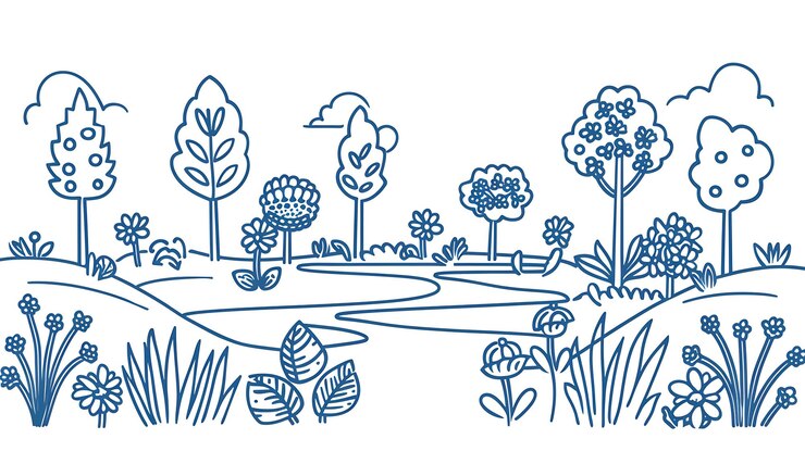 Foto un semplice disegno di una scena naturale ci sono alcuni alberi alcuni fiori e un piccolo fiume la scena è pacifica e rilassante