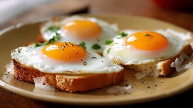 Un semplice e classico uovo fritto su un letto di pane tostato imburrato Generativo ai