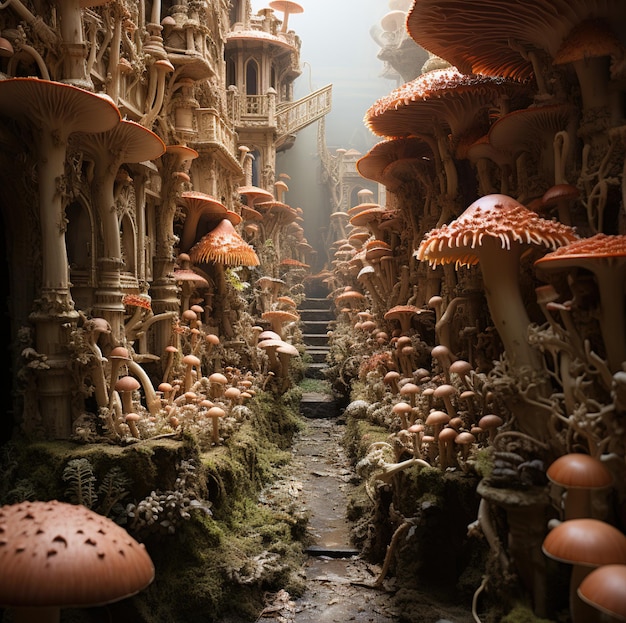 un sentiero al centro di un edificio con i funghi.