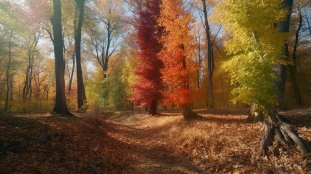 Un sentiero attraverso il bosco autunnale con le foglie che cambiano colore.