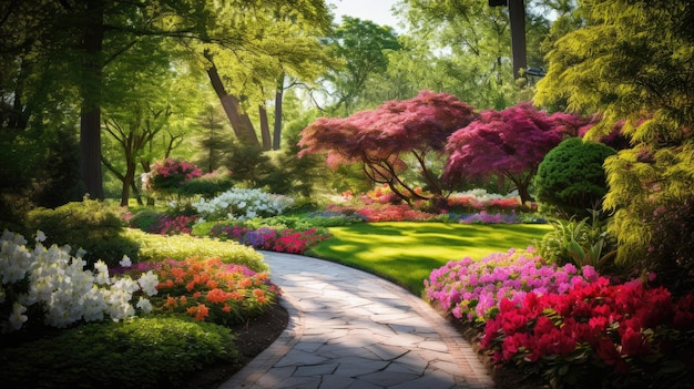 un sentiero attraverso il giardino con fiori e alberi sullo sfondo