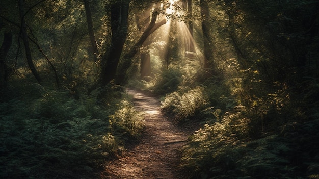 Un sentiero attraverso la foresta con il sole che splende attraverso gli alberi