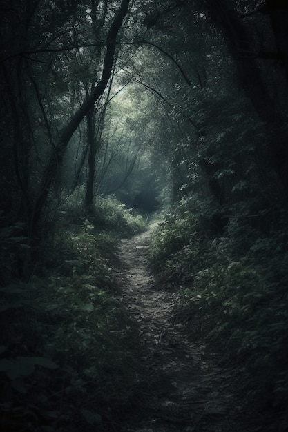 Un sentiero attraverso la foresta con la luce che brilla su di essa.