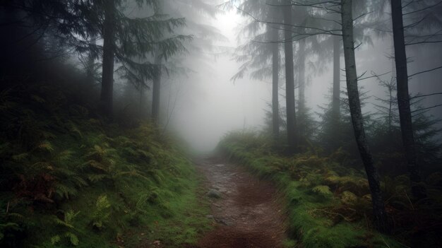 Un sentiero attraverso la foresta con la nebbia sullo sfondo