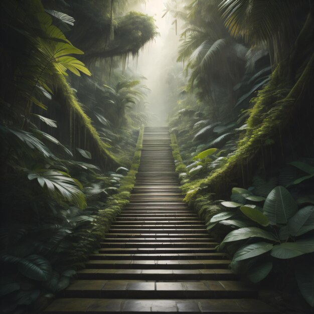 Un sentiero attraverso la giungla con un sentiero che porta in cima.