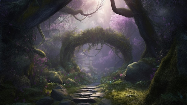 Un sentiero attraverso un bosco con un arco in pietra.