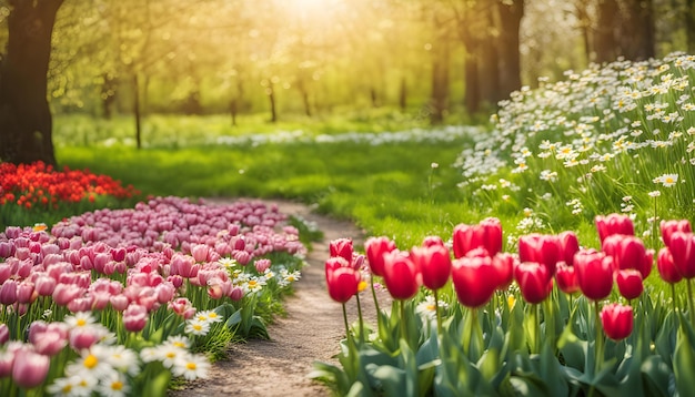 un sentiero attraverso un campo di tulipani rossi con il sole che splende attraverso gli alberi