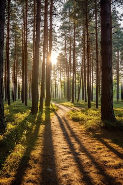 Un sentiero attraverso una foresta con il sole che splende attraverso gli alberi