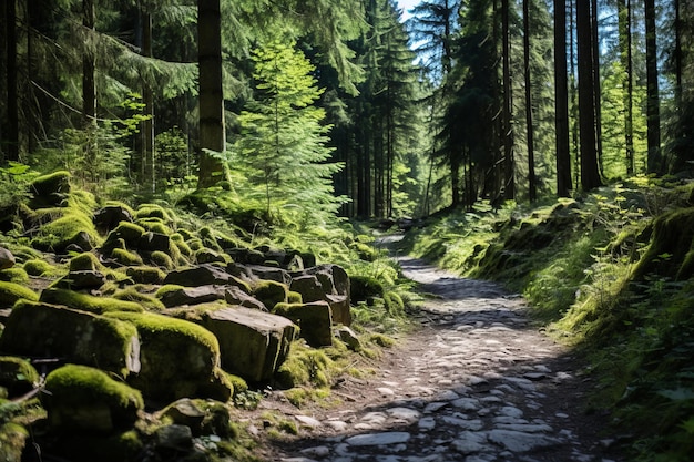 un sentiero attraverso una foresta con rocce di muschio