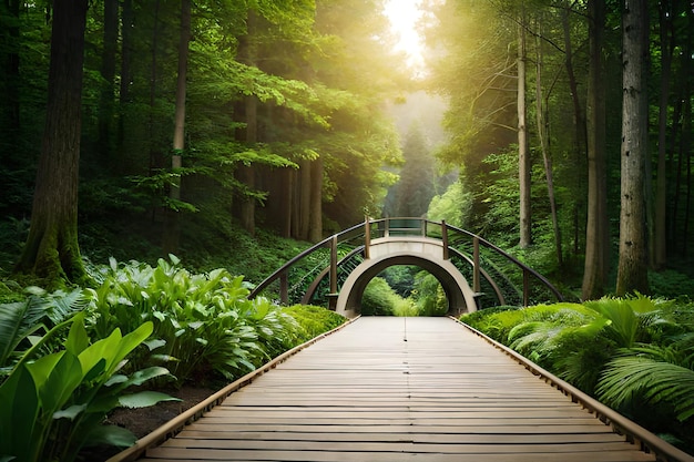 Un sentiero attraverso una foresta con un ponte nel mezzo