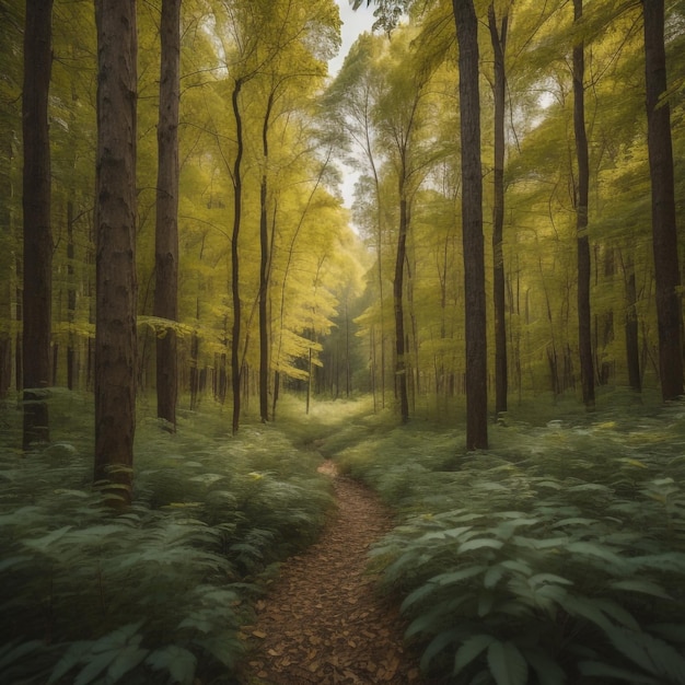Un sentiero attraverso una foresta con un sentiero che la attraversa.
