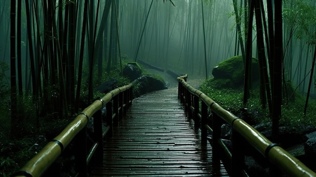 Un sentiero attraverso una foresta di bambù con un ponte di legno che vi conduce.