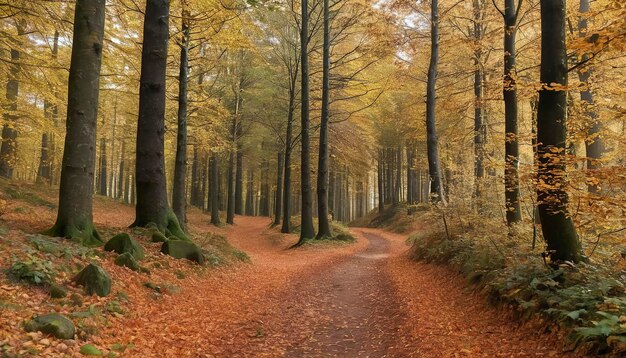 Un sentiero attraverso una foresta nell'Harz coperto da uno spessore di foglie d'autunno