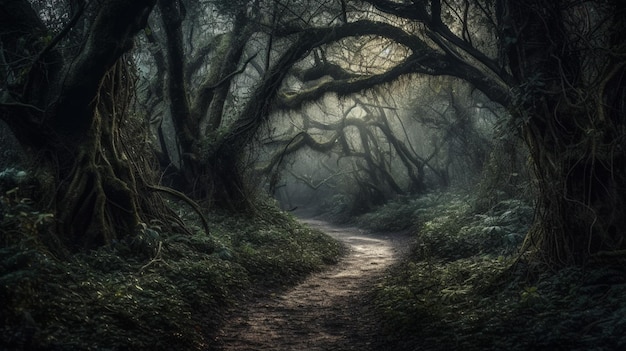 Un sentiero attraverso una foresta oscura con un albero sul lato sinistro.