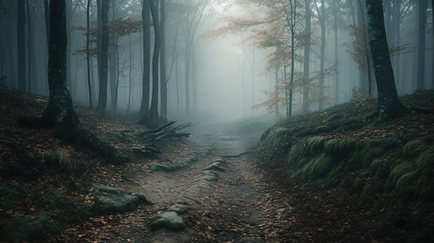 Un sentiero attraverso una foresta oscura con un sentiero coperto di foglie e la parola foresta sulla sinistra.