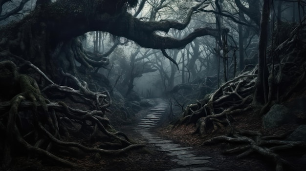 Un sentiero attraverso una foresta oscura con un tronco d'albero e un sentiero che porta in cima.