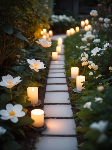 Un sentiero bianco illuminato da candele in un giardino