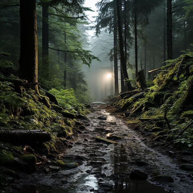 un sentiero boschivo con una luce che splende su di esso e una luce che brilla sul terreno.