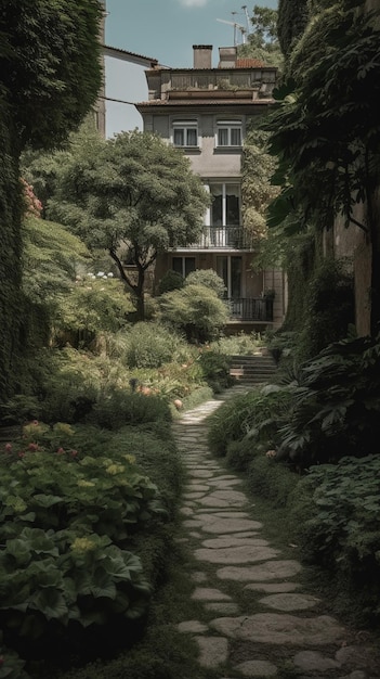 Un sentiero che conduce a una casa con un albero sullo sfondo